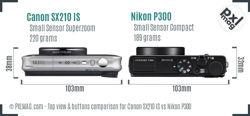 Canon SX210 IS vs Nikon P300 top view buttons comparison Canon SX210 IS vs Nikon P300 top view buttons comparison