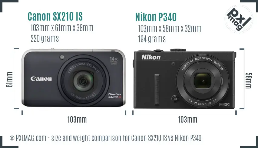 Canon SX210 IS vs Nikon P340 size comparison