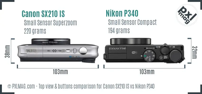 Canon SX210 IS vs Nikon P340 top view buttons comparison