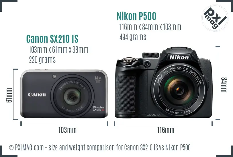 Canon SX210 IS vs Nikon P500 size comparison Canon SX210 IS vs Nikon P500 size comparison