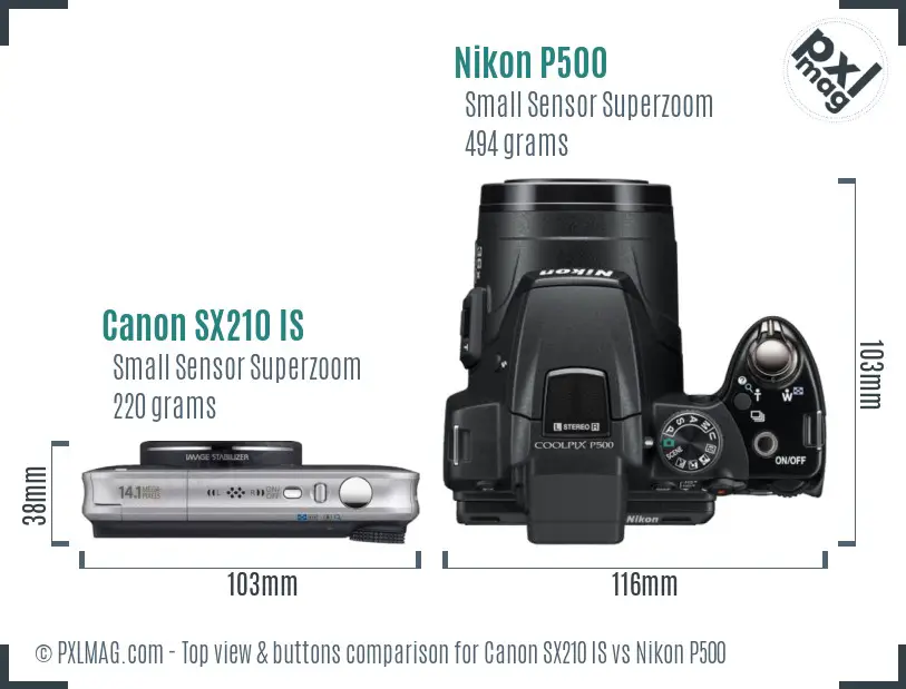 Canon SX210 IS vs Nikon P500 top view buttons comparison Canon SX210 IS vs Nikon P500 top view buttons comparison