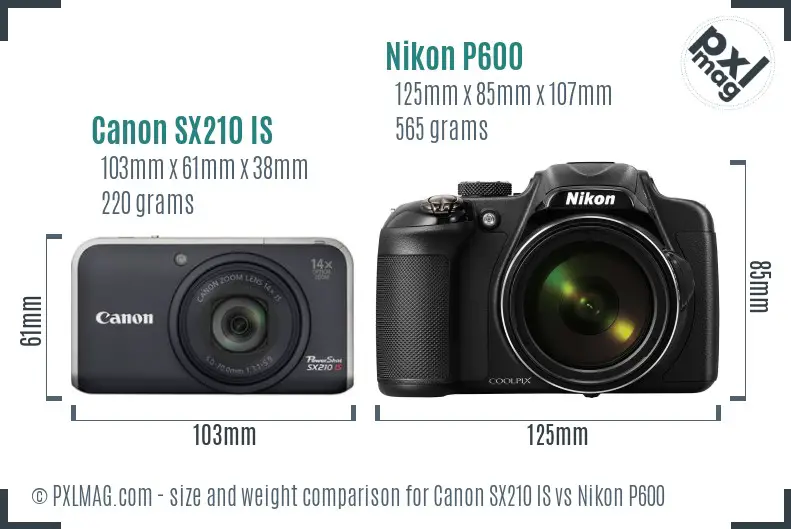 Canon SX210 IS vs Nikon P600 size comparison