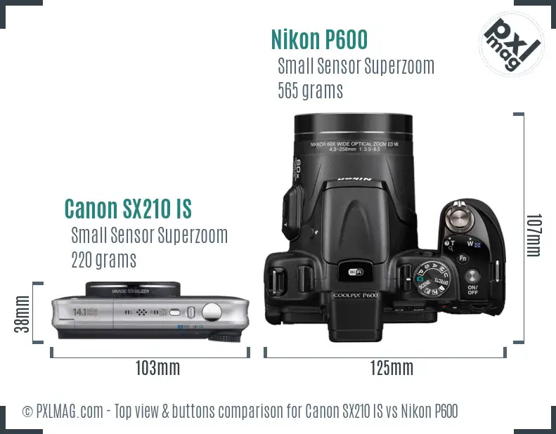 Canon SX210 IS vs Nikon P600 top view buttons comparison