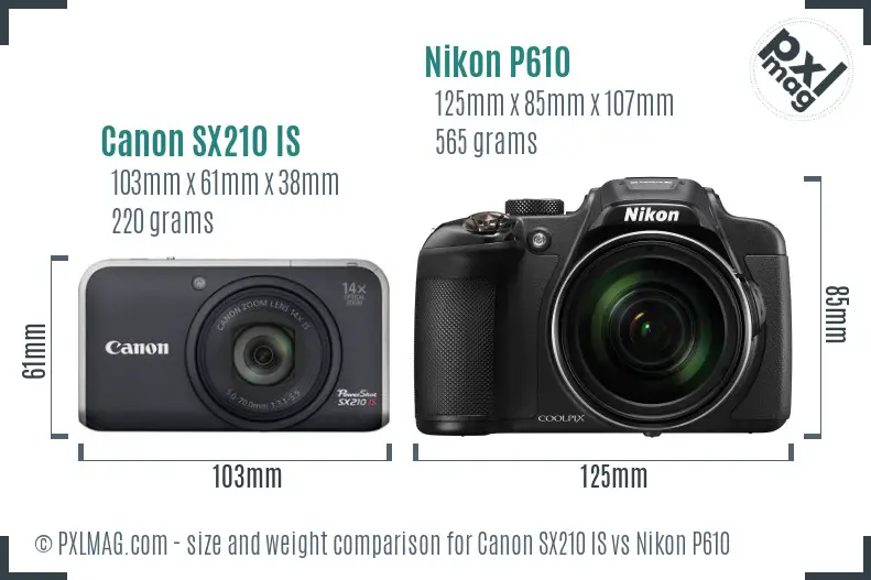 Canon SX210 IS vs Nikon P610 size comparison