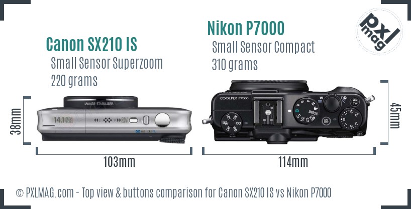 Canon SX210 IS vs Nikon P7000 top view buttons comparison
