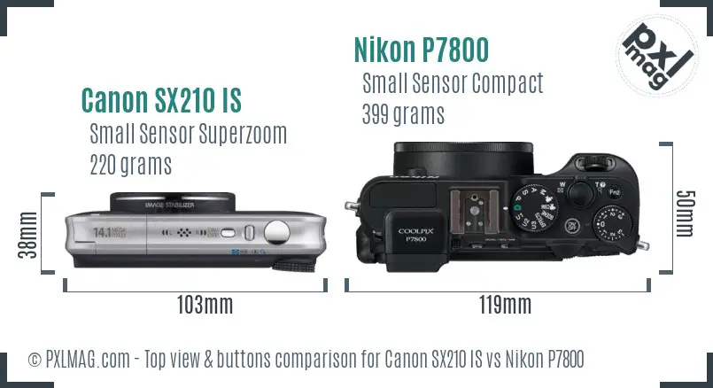 Canon SX210 IS vs Nikon P7800 top view buttons comparison