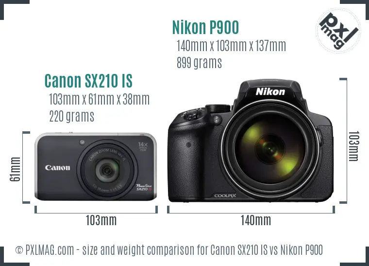 Canon SX210 IS vs Nikon P900 size comparison