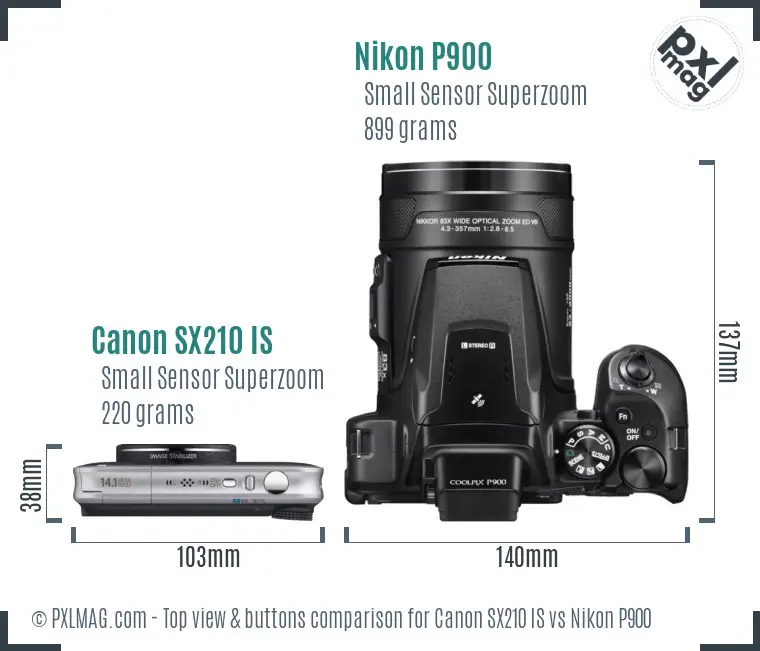 Canon SX210 IS vs Nikon P900 top view buttons comparison