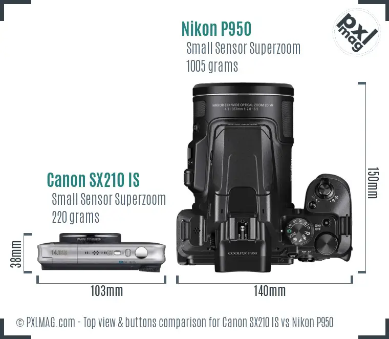 Canon SX210 IS vs Nikon P950 top view buttons comparison