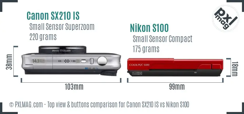 Canon SX210 IS vs Nikon S100 top view buttons comparison Canon SX210 IS vs Nikon S100 top view buttons comparison