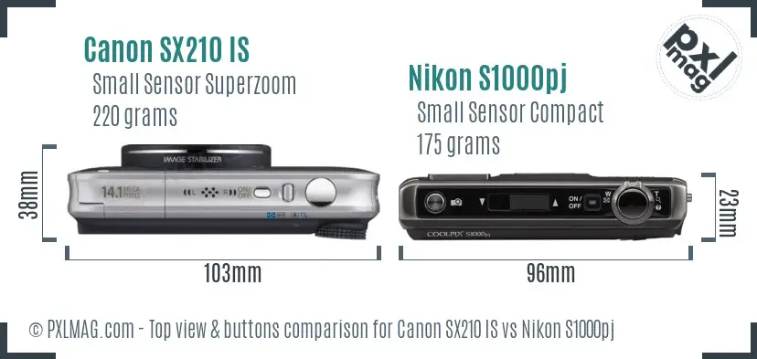 Canon SX210 IS vs Nikon S1000pj top view buttons comparison