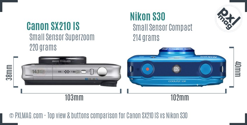 Canon SX210 IS vs Nikon S30 top view buttons comparison