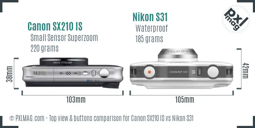 Canon SX210 IS vs Nikon S31 top view buttons comparison