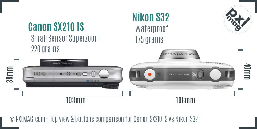 Canon SX210 IS vs Nikon S32 top view buttons comparison