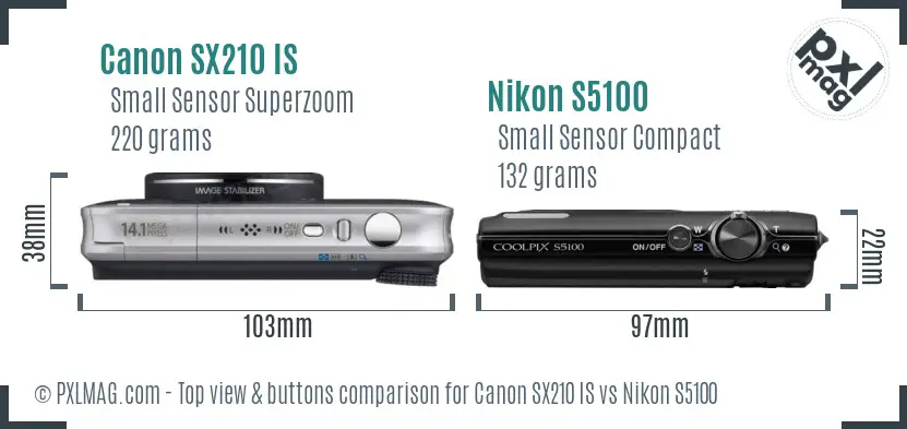Canon SX210 IS vs Nikon S5100 top view buttons comparison Canon SX210 IS vs Nikon S5100 top view buttons comparison