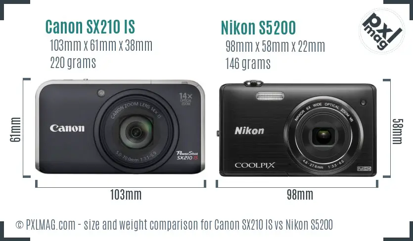 Canon SX210 IS vs Nikon S5200 size comparison Canon SX210 IS vs Nikon S5200 size comparison