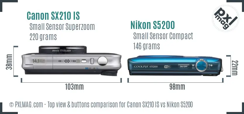 Canon SX210 IS vs Nikon S5200 top view buttons comparison Canon SX210 IS vs Nikon S5200 top view buttons comparison
