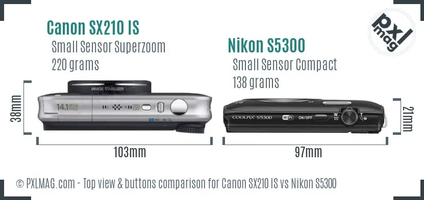 Canon SX210 IS vs Nikon S5300 top view buttons comparison