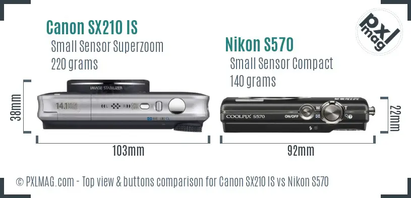 Canon SX210 IS vs Nikon S570 top view buttons comparison Canon SX210 IS vs Nikon S570 top view buttons comparison