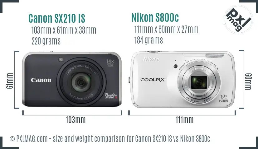 Canon SX210 IS vs Nikon S800c size comparison