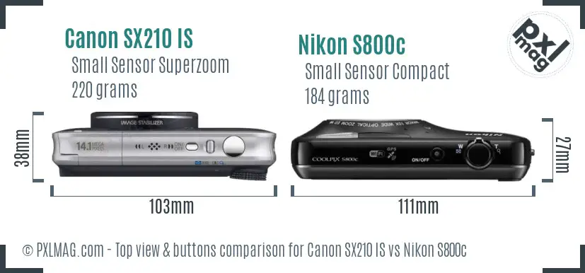 Canon SX210 IS vs Nikon S800c top view buttons comparison