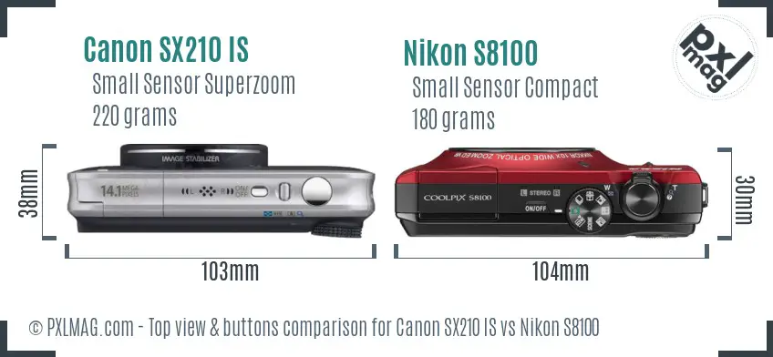 Canon SX210 IS vs Nikon S8100 top view buttons comparison Canon SX210 IS vs Nikon S8100 top view buttons comparison