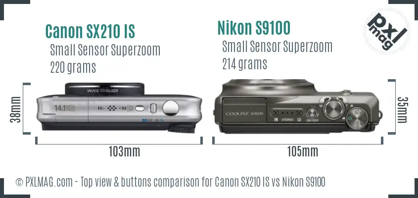 Canon SX210 IS vs Nikon S9100 top view buttons comparison Canon SX210 IS vs Nikon S9100 top view buttons comparison