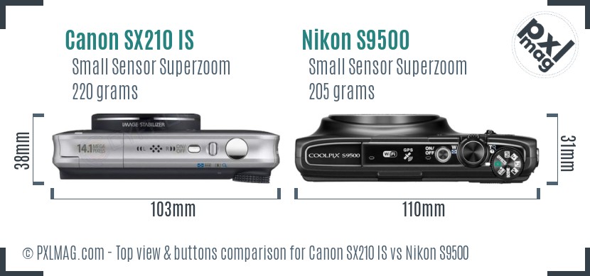 Canon SX210 IS vs Nikon S9500 top view buttons comparison