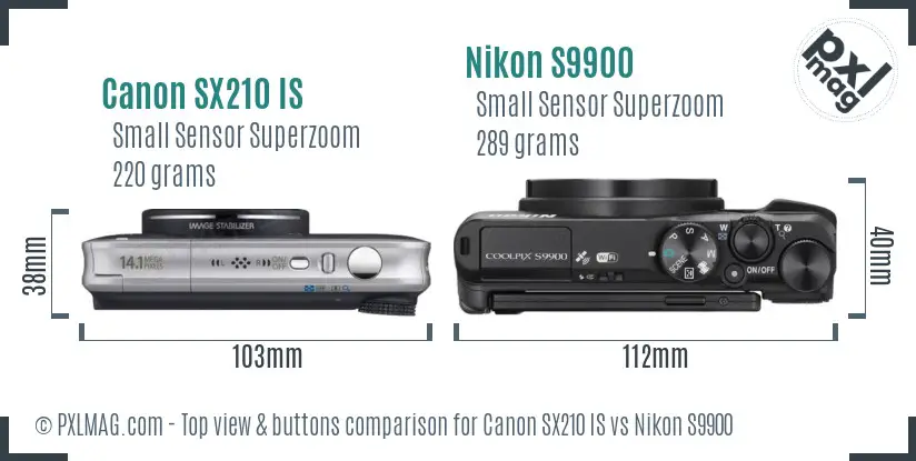 Canon SX210 IS vs Nikon S9900 top view buttons comparison Canon SX210 IS vs Nikon S9900 top view buttons comparison