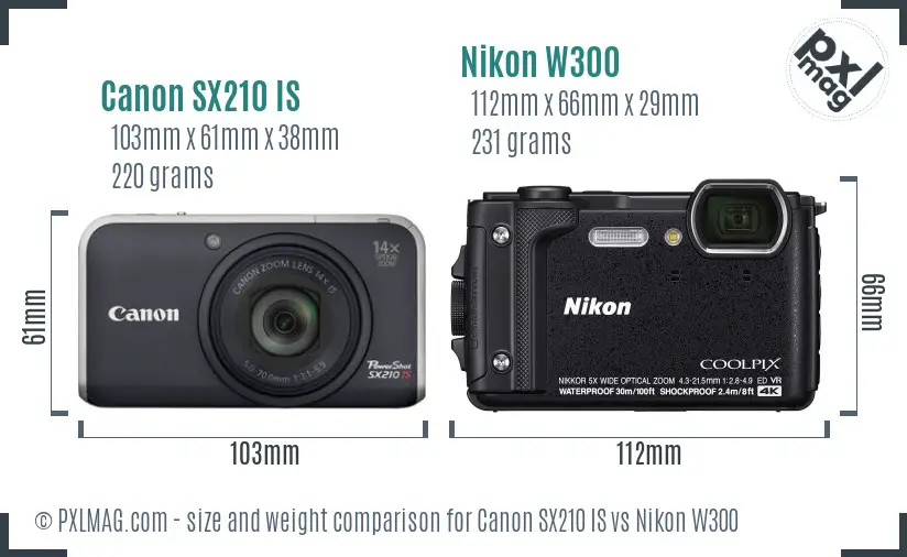 Canon SX210 IS vs Nikon W300 size comparison