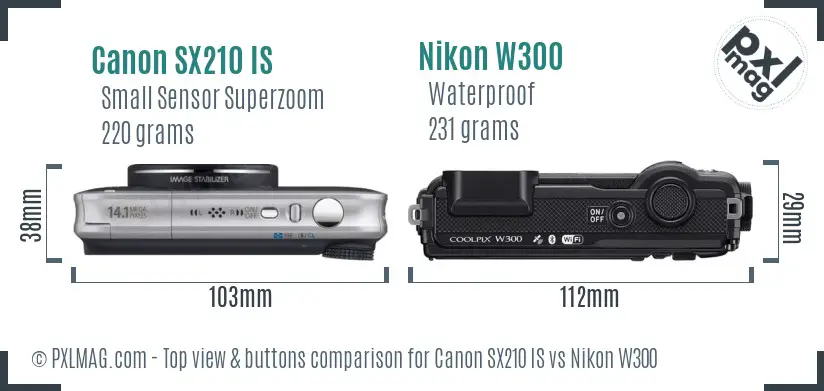 Canon SX210 IS vs Nikon W300 top view buttons comparison