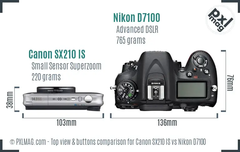 Canon SX210 IS vs Nikon D7100 top view buttons comparison