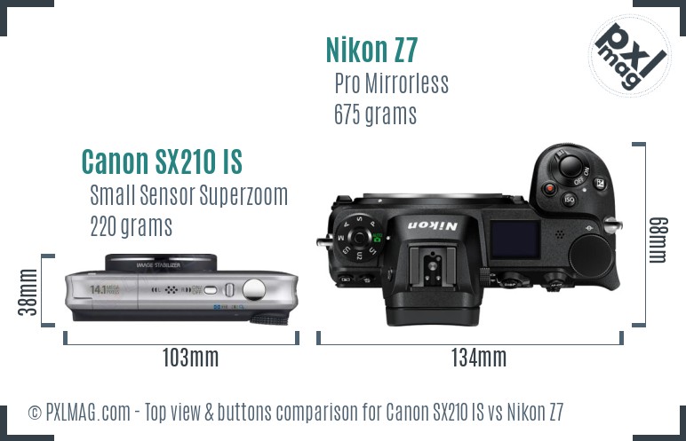 Canon SX210 IS vs Nikon Z7 top view buttons comparison