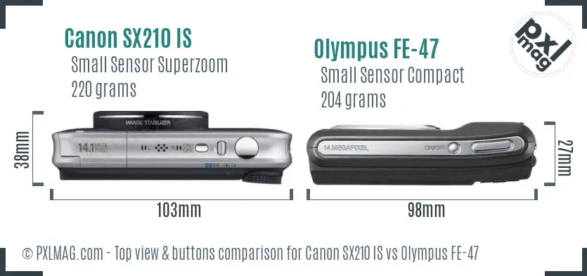 Canon SX210 IS vs Olympus FE-47 top view buttons comparison