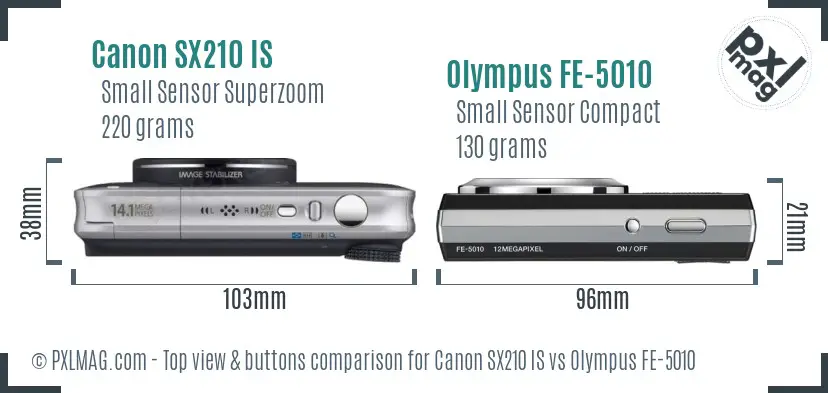 Canon SX210 IS vs Olympus FE-5010 top view buttons comparison