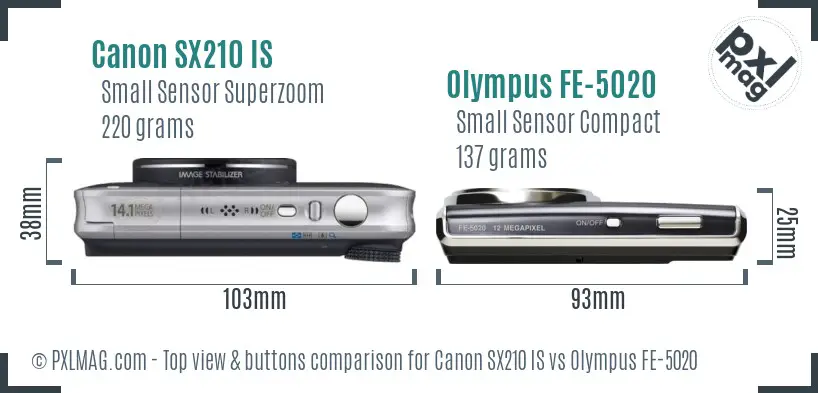 Canon SX210 IS vs Olympus FE-5020 top view buttons comparison