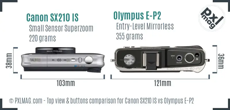 Canon SX210 IS vs Olympus E-P2 top view buttons comparison
