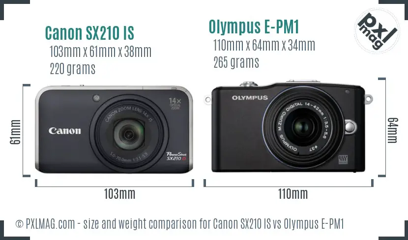 Canon SX210 IS vs Olympus E-PM1 size comparison