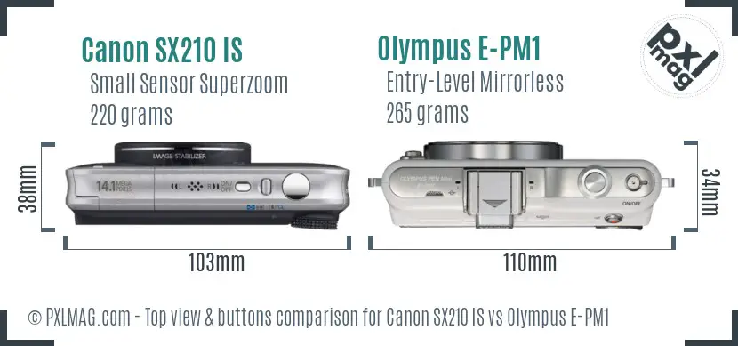 Canon SX210 IS vs Olympus E-PM1 top view buttons comparison