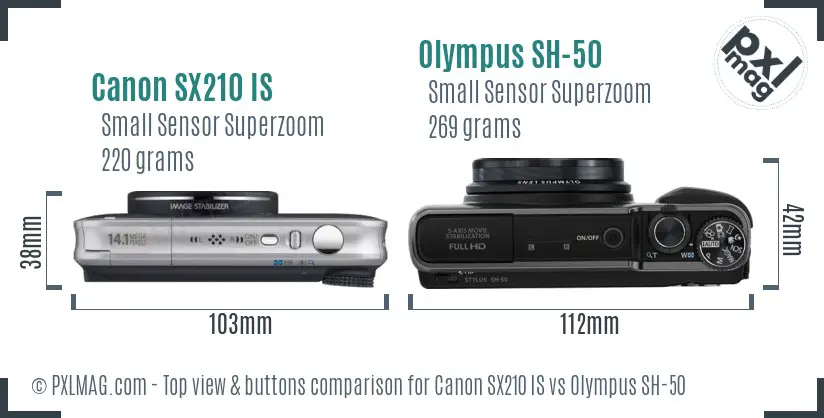 Canon SX210 IS vs Olympus SH-50 top view buttons comparison