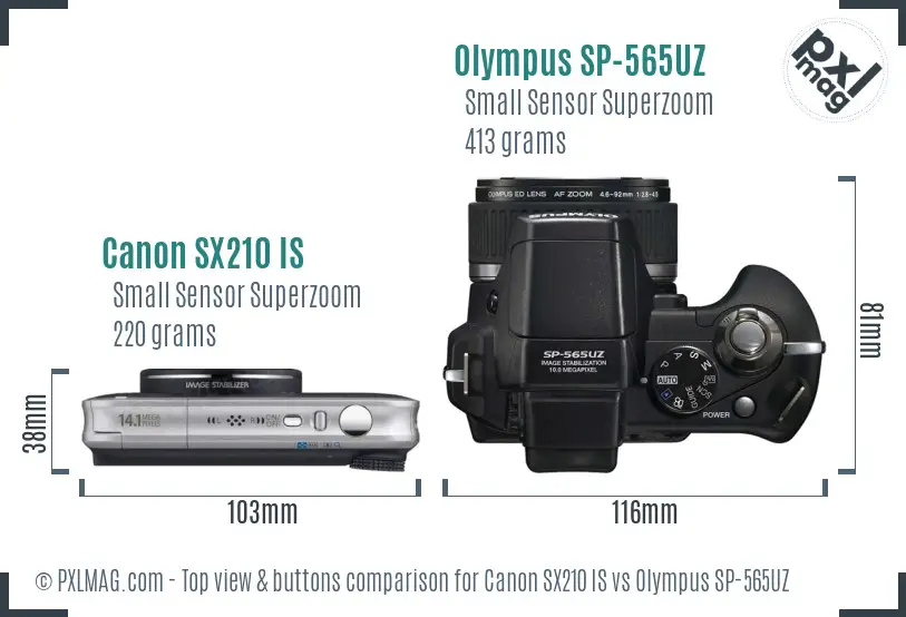 Canon SX210 IS vs Olympus SP-565UZ top view buttons comparison