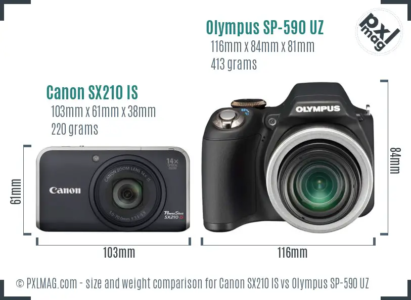 Canon SX210 IS vs Olympus SP-590 UZ size comparison