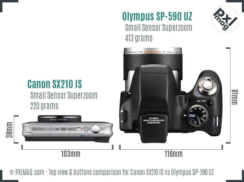 Canon SX210 IS vs Olympus SP-590 UZ top view buttons comparison