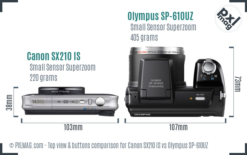 Canon SX210 IS vs Olympus SP-610UZ top view buttons comparison