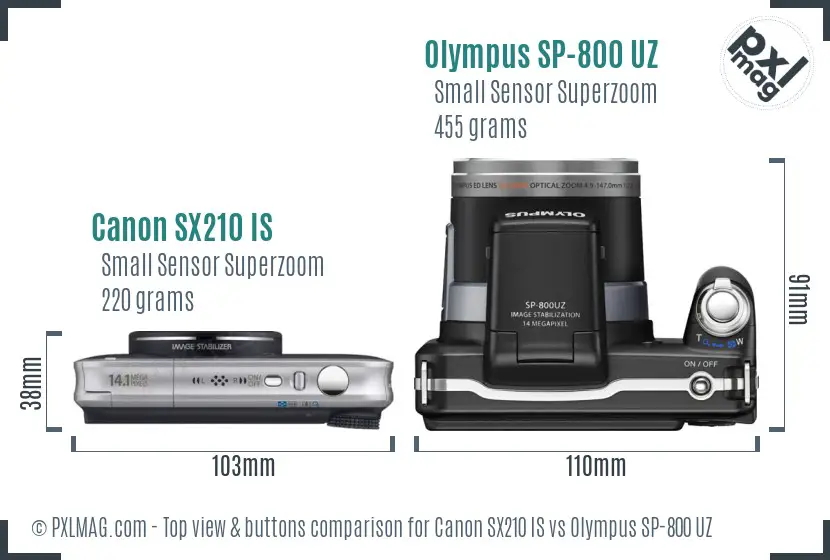 Canon SX210 IS vs Olympus SP-800 UZ top view buttons comparison