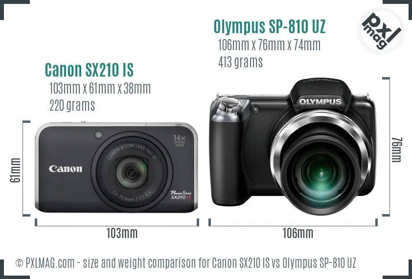 Canon SX210 IS vs Olympus SP-810 UZ size comparison