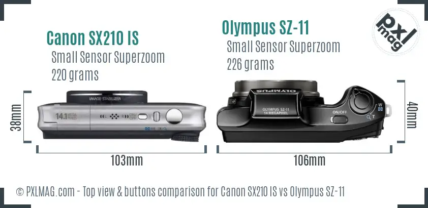 Canon SX210 IS vs Olympus SZ-11 top view buttons comparison