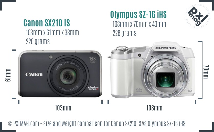 Canon SX210 IS vs Olympus SZ-16 iHS size comparison Canon SX210 IS vs Olympus SZ-16 iHS size comparison