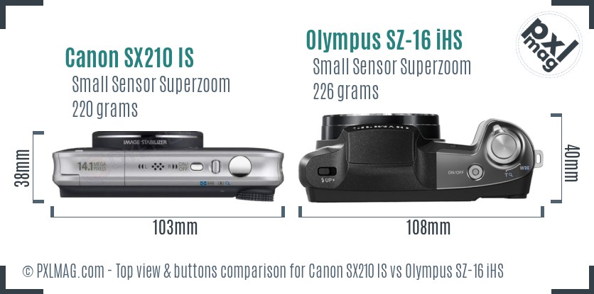 Canon SX210 IS vs Olympus SZ-16 iHS top view buttons comparison