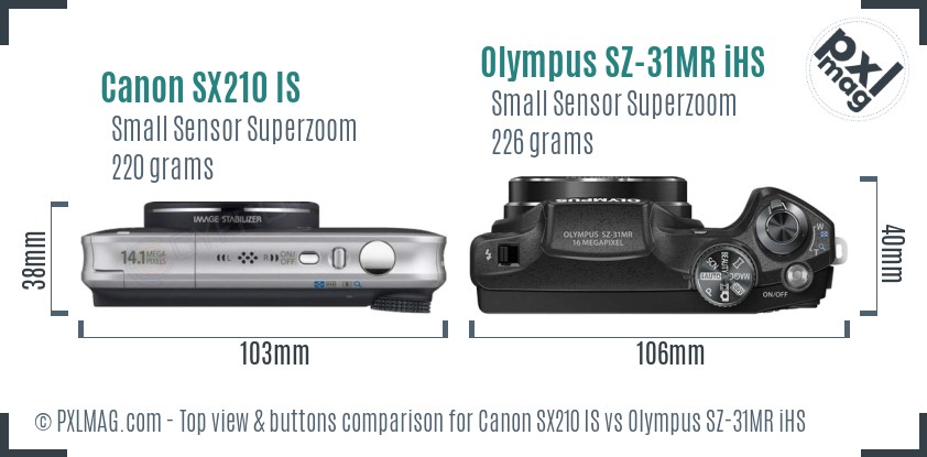 Canon SX210 IS vs Olympus SZ-31MR iHS top view buttons comparison